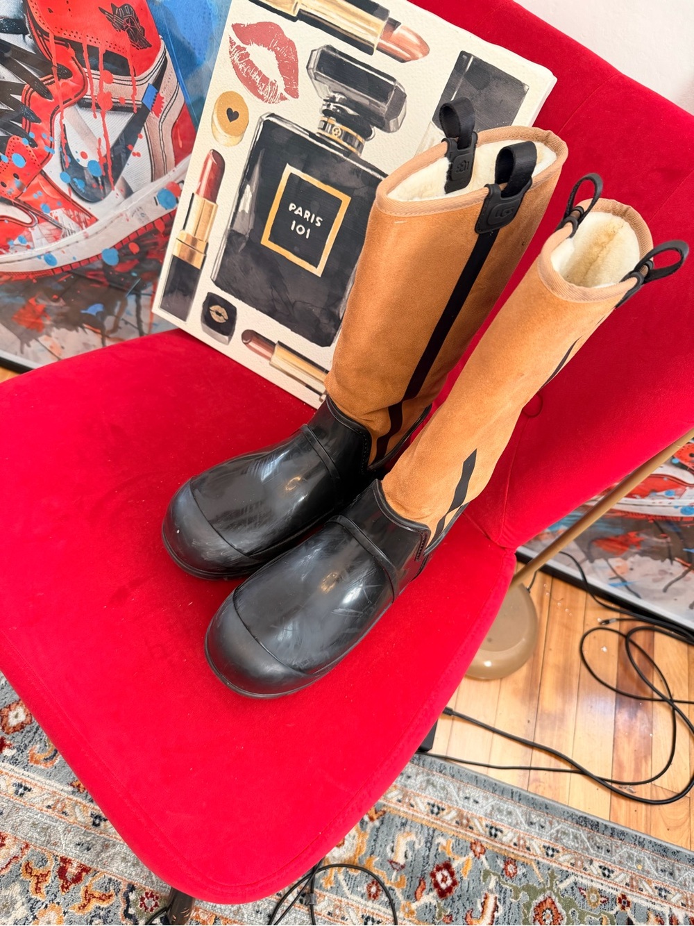 UGG Two-Tone Tall Waterproof Winter Boots in Black & Tan